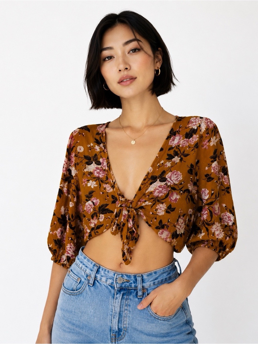American Eagle Outfitters Mustard Floral Tie-Front Crop Top Medium
